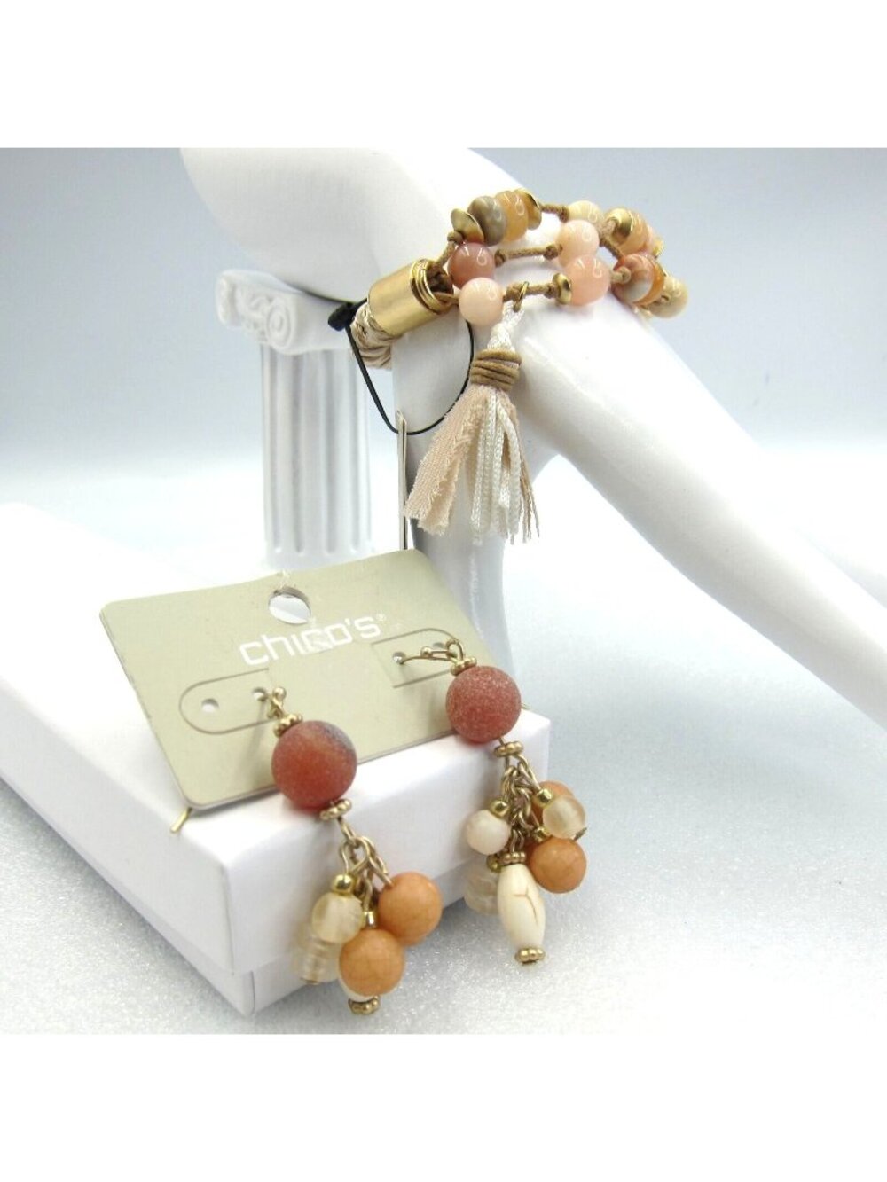 Chicos Beaded Bracelet & Earrings Set With Tassel Accent Neutral Tones NWT $60